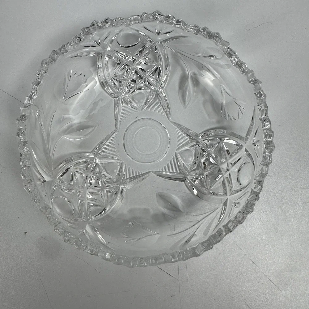 Vintage Clear‎ Cut Crystal Floral Serving Bowl Starburst Pattern Sawtooth Rim